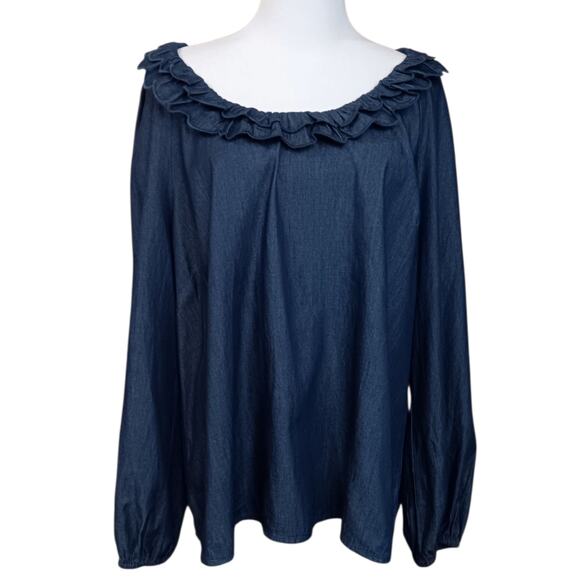 $118 NEW DRAPER JAMES Chambray Denim Peasant Top Blouse 1X Ruffle Boho Feminine - Picture 2 of 12